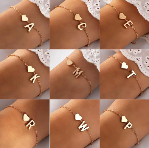 Personalised 26 A-Z English Letter Bracelet Alloy Heart Letter Charms Pendant Bracelets Jewellery Gift