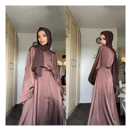 Elegant Satin Abaya with Matching Scarf & Belt
