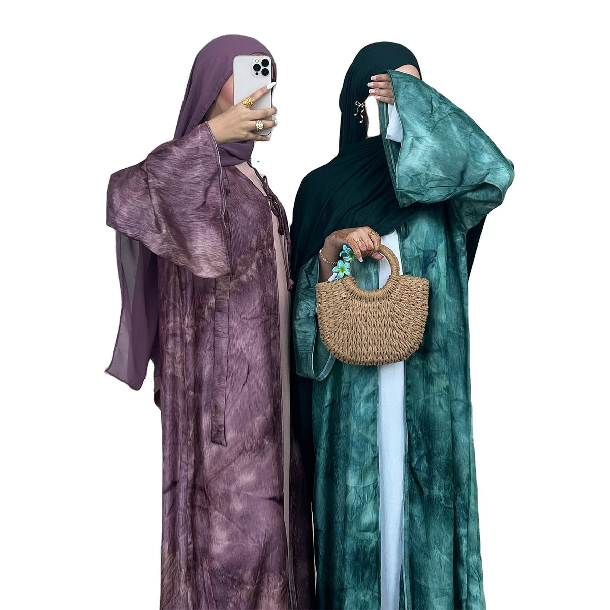 Elegant tie-dye abaya with a beautiful flowing finish, wide sleeves and an adjustable front tie. Lightweight, modest and stylish, perfect for Eid, Ramadan, weddings, parties, special occasions or evening wear.