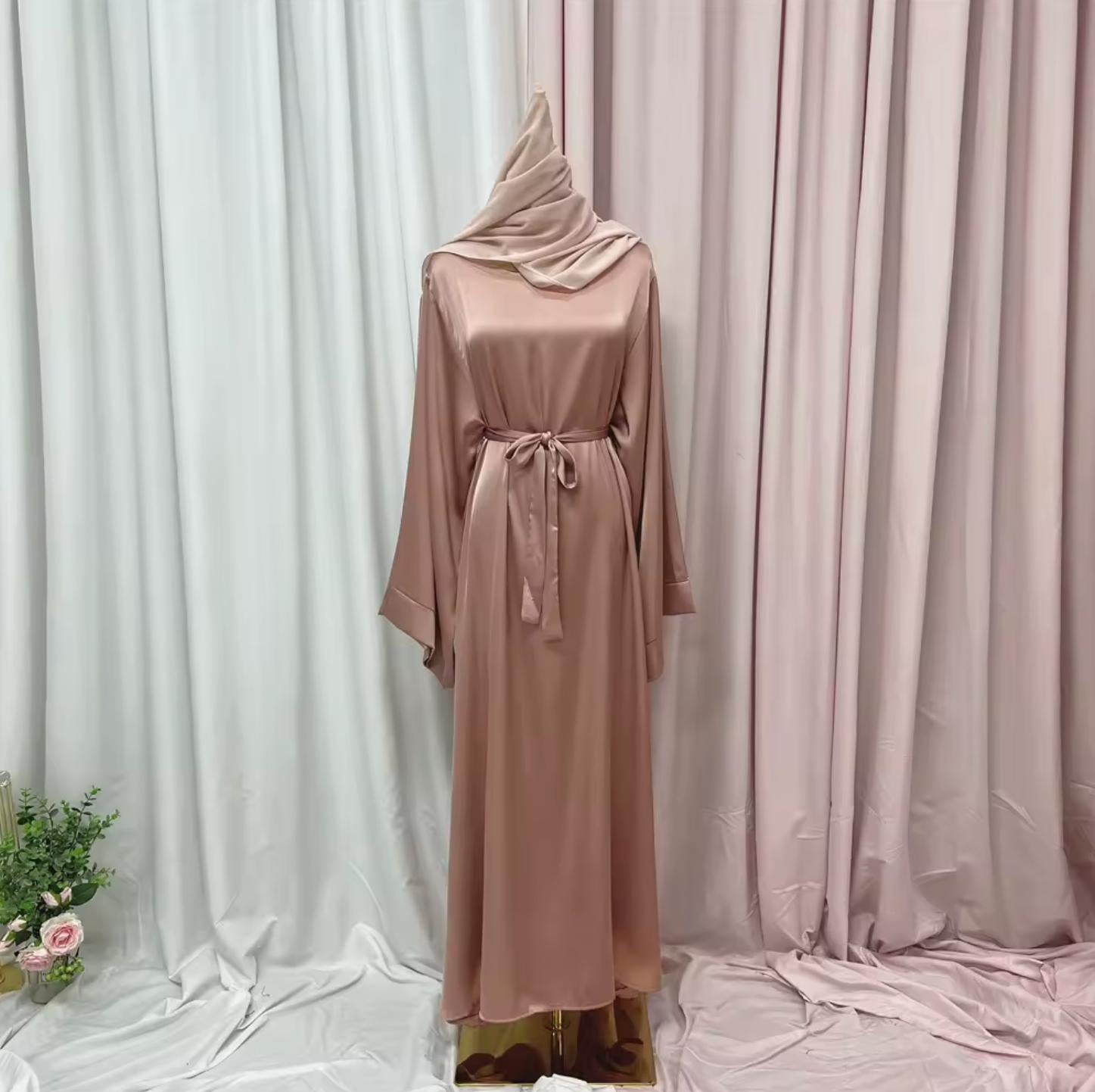 Elegant Satin Abaya with Matching Scarf & Belt
